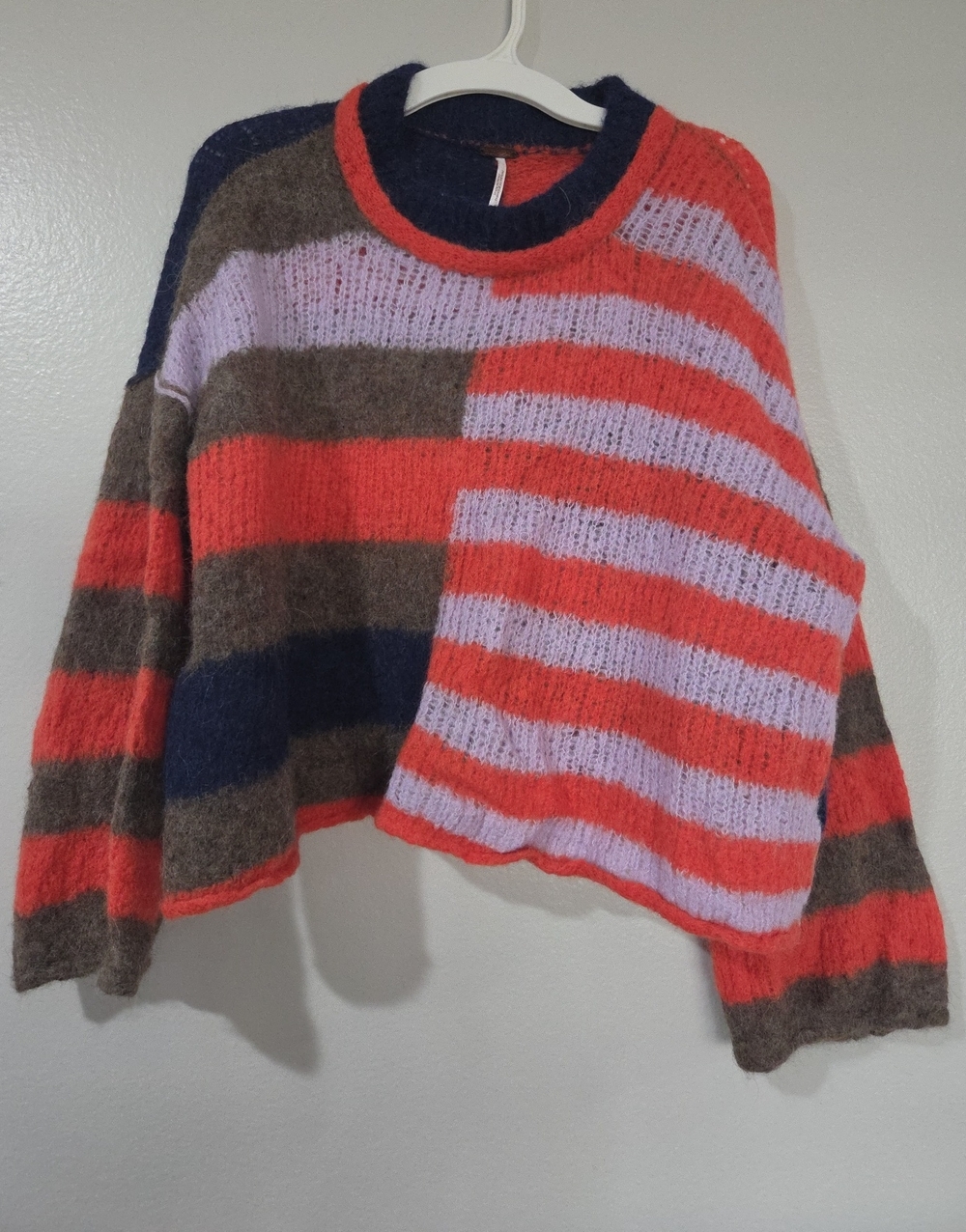 Free People Striped Patchwork Crewneck Sweater in Red, Lavender & Brown